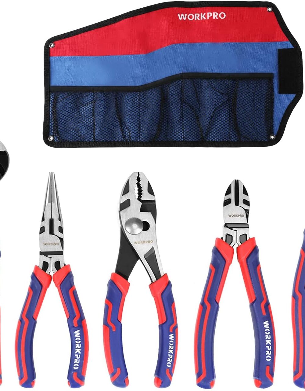 WORKPRO Pliers Set, 5-Piece Premium Cr-V Pliers Kit with Storage Pouch | 6 Inch Slip Joint, Long Nose, Diagonal Cutter, 8 Inch Groove Joint, 7 Inch Linesman, Ergonomic Grip, for Basic Repair
