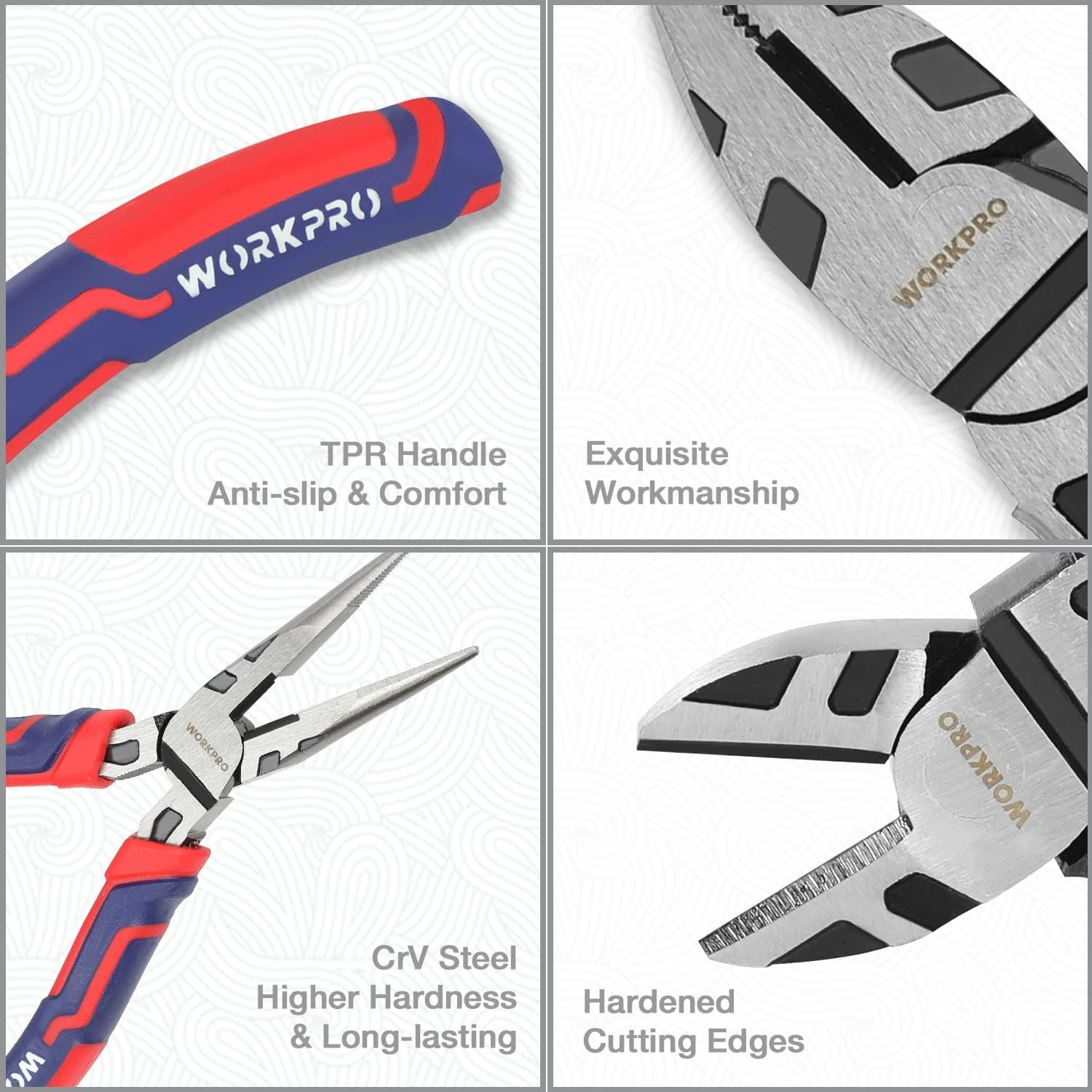 WORKPRO Pliers Set, 5-Piece Premium Cr-V Pliers Kit with Storage Pouch | 6 Inch Slip Joint, Long Nose, Diagonal Cutter, 8 Inch Groove Joint, 7 Inch Linesman, Ergonomic Grip, for Basic Repair - Image 3