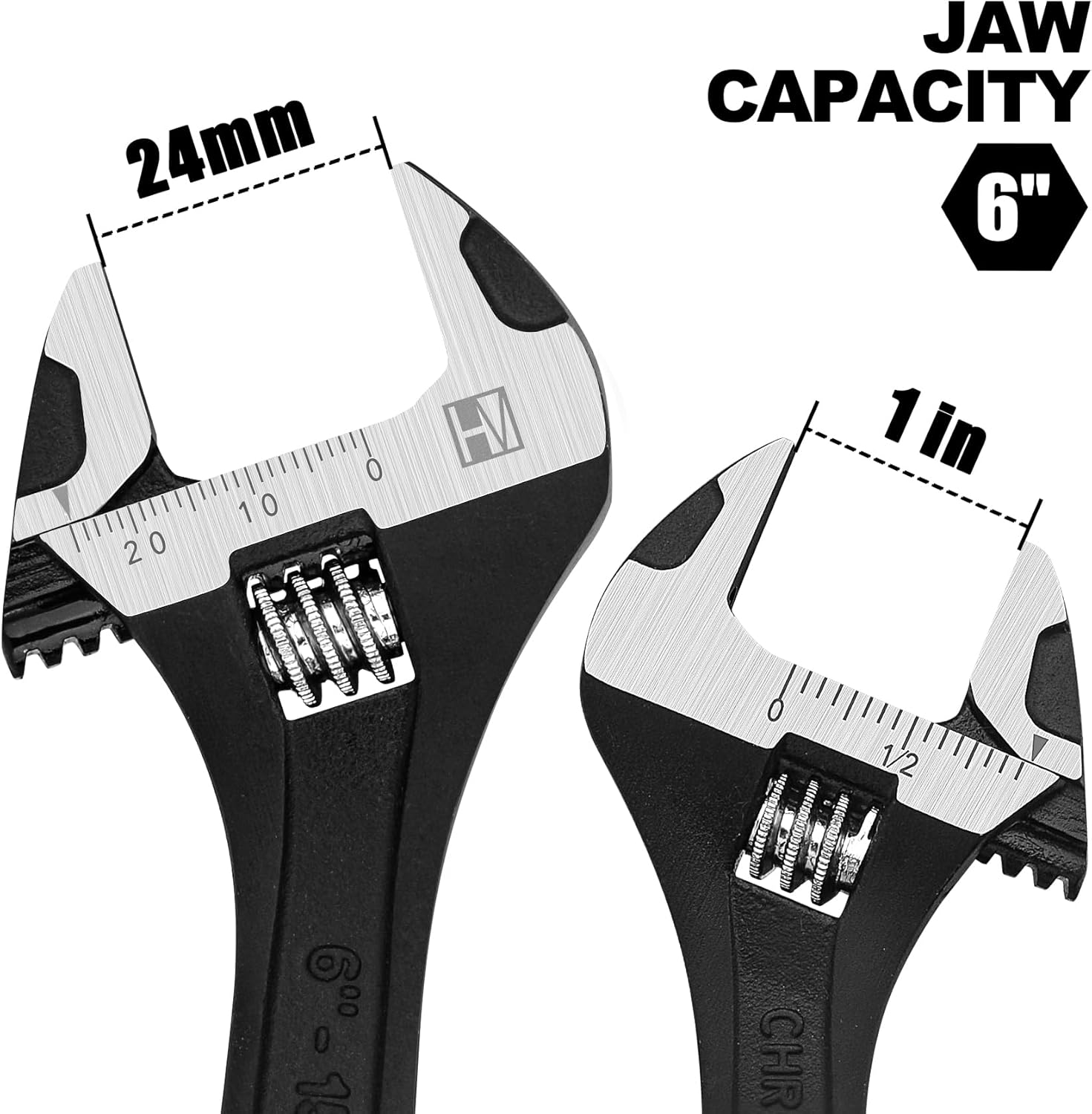 HAUTMEC 6 inch Adjustable Wrench Extra Wide Jaw Black Finish Adjustable Wrenches Drop-Forged CR-V Steel Metric & SAE Scales for Home Garage Workshop DIY - Image 3