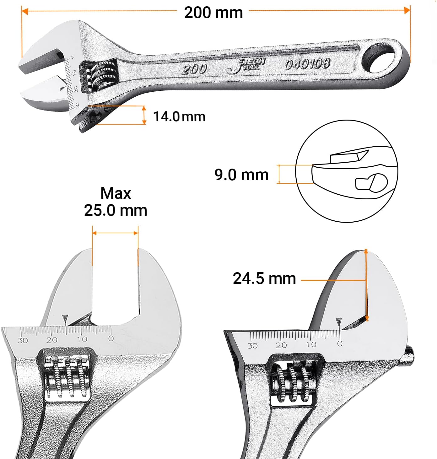 Jetech 8-Inch Adjustable Wrench - Professional Spanner Cr-V Steel Shifter Spanner with Metric Scale Wide Caliber Opening, for Home, Garage, Workshop and DIY - Image 2