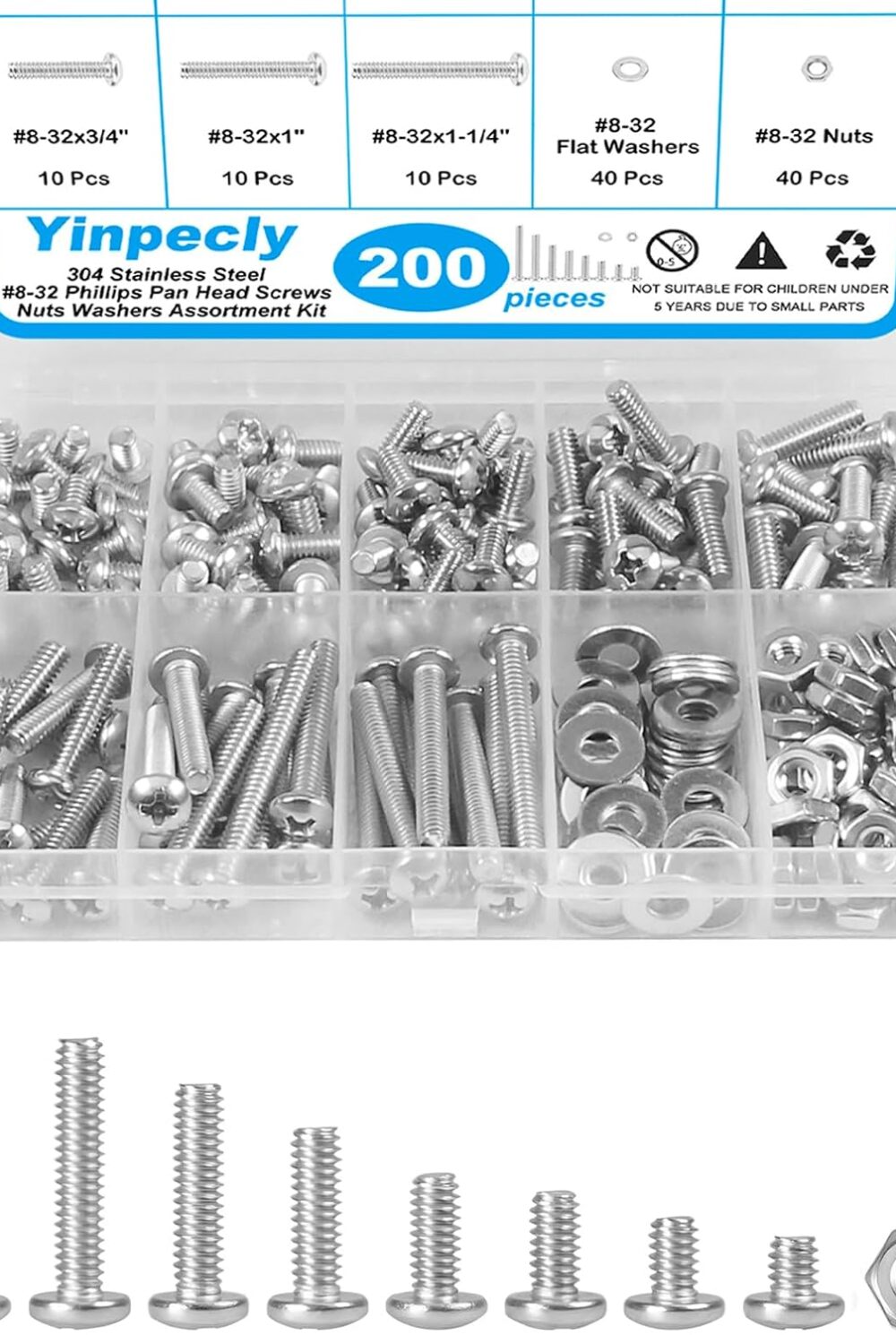 200pcs #8-32 Phillips Pan Head Machine Screws Nuts Washers Kit | 304 Stainless Steel, Coarse Thread, Fully Machine Thread(#8-32x 1/4", 5/16", 3/8", 1/2", 5/8", 3/4", 1", 1-1/4")